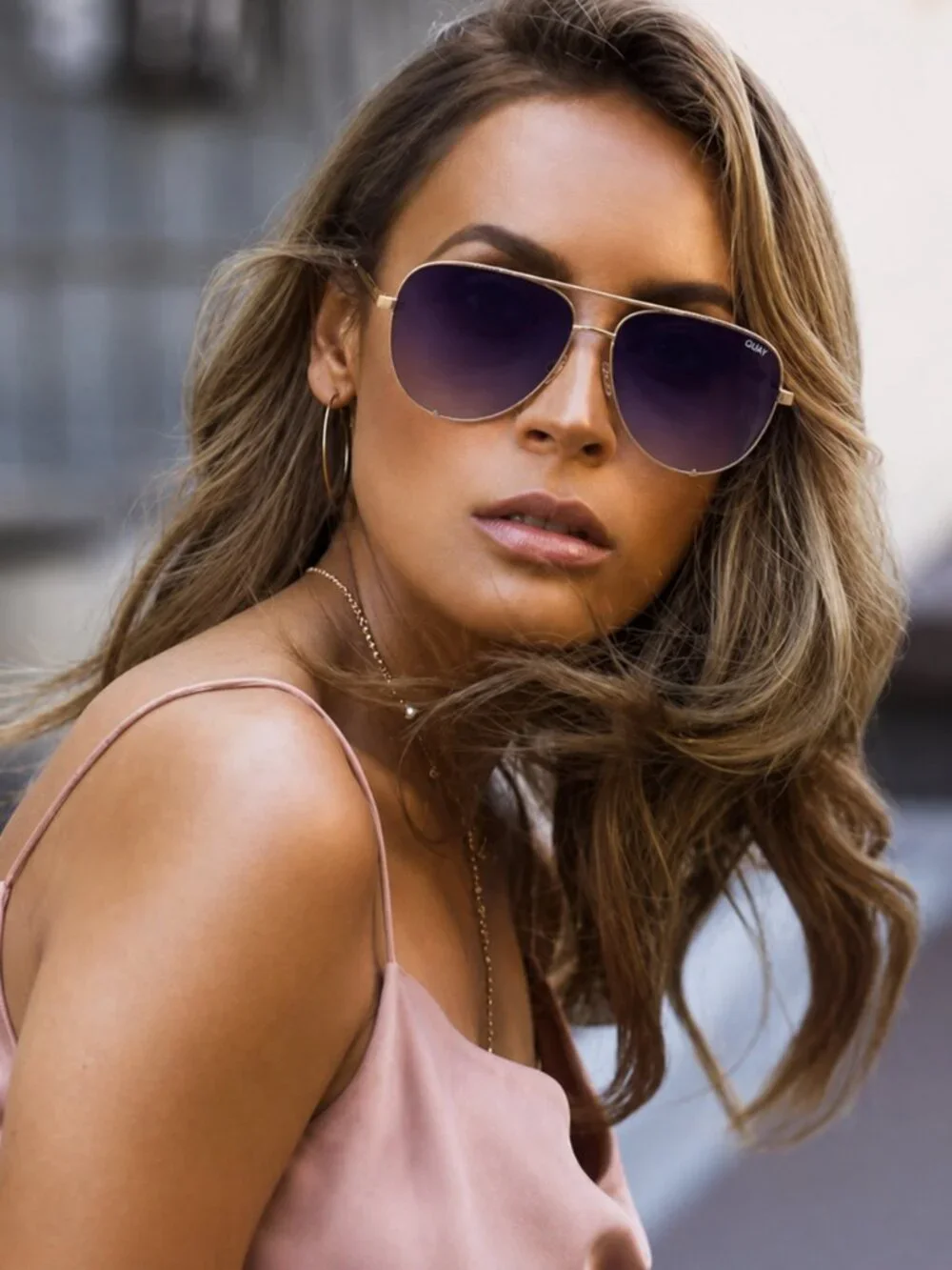 Quay Australia High Key Luxe Gold Frame Polarized Purple Lens Aviator Sunglasses